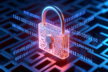 Computer security and virus protection concept with digital binary code and online safety elements