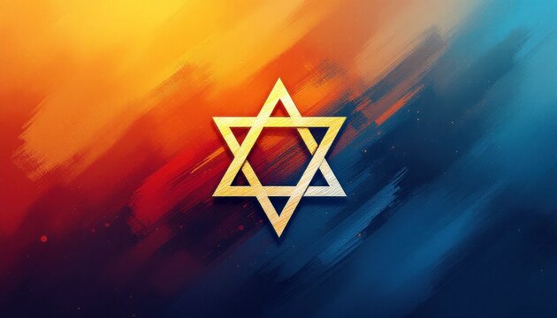 A golden Star of David symbol on a colorful abstract background with orange and blue hues. Represents the Jewish holiday of Yom Kippur.