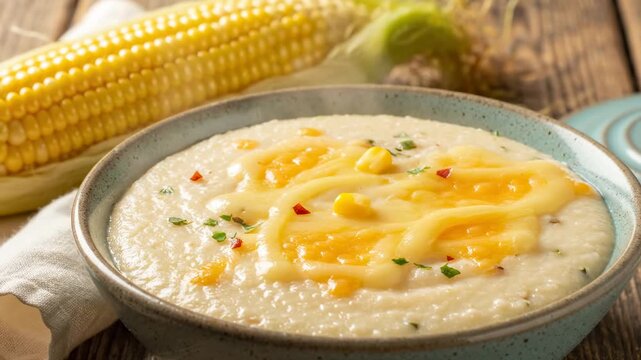Creamy Grits with Cheese, Corn, and Herbs - A close-up shot of a bowl of creamy grits topped with melted cheese, fresh corn kernels, and herbs. A cob of corn is artfully placed in the background.