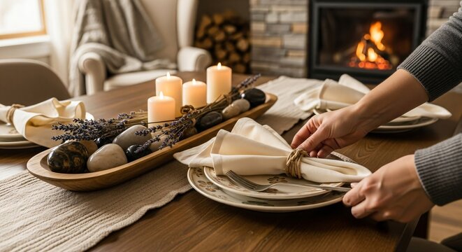 Woman arranging decorative bird on dining table, setting out plates for meal prep. Home decor and domestic scene.