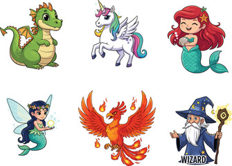 Fantasy cartoon characters including dragon, unicorn, mermaid, fairy, phoenix, and wizard, perfect for kids books, games, storytelling, stickers