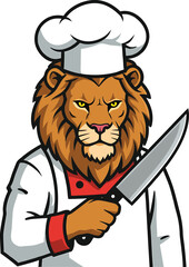Fierce lion chef mascot holding a knife prepared for delicious culinary creations