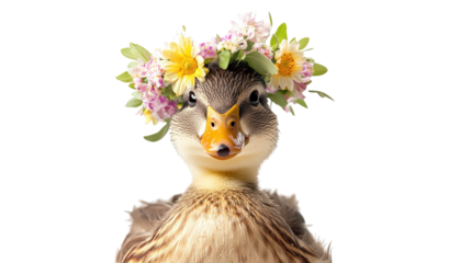 Duck with a Flower Crown Ready for the Spring Season isolated on a Transparent or white Background