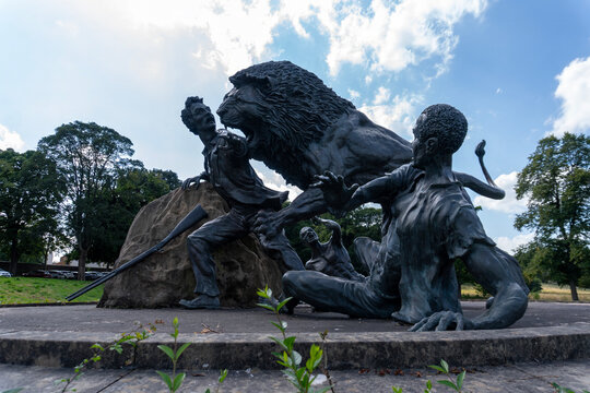 The statue of David Livingstone being attacked by a lion outside the David Livingstone Museum in Blantyre, South Lanarkshire, Scotland
