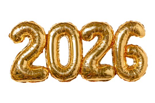 Gold shiny 2026 foil number balloons for new year party isolated transparent background, png