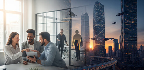 Double exposure of business team collaborating in an office with a futuristic cityscape background