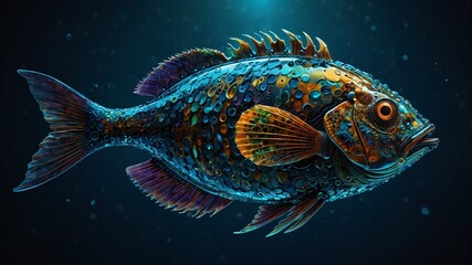 Fototapeta premium 🐠 Title (max 200 characters, no hyphens): Amazing fish illustration in neon glowing tones showcasing surreal aquatic beauty, vivid colors, and futuristic design with luminous effects perfect for mode