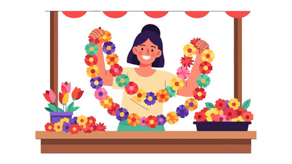 Blooming Florist: A smiling florist, adorned with colorful flower garlands, stands amid an array of vibrant blossoms. A beautiful illustration captures the heart of a blooming business.