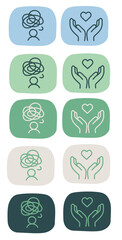 Mentale Gesundheit &ndash; Icon-Paar Gr&uuml;beln &harr; Unterst&uuml;tzung (Kopf-Knoten & H&auml;nde mit Herz), Farbvarianten &ndash; Minimal Flat Line Vector