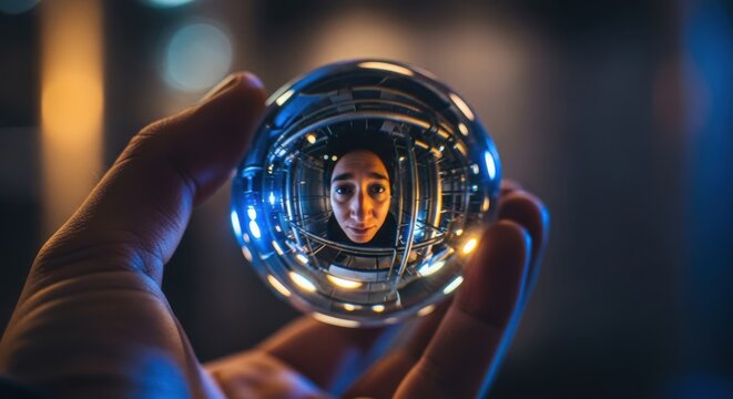 Close-up of face reflected in crystal ball held by hands - Powered by Adobe