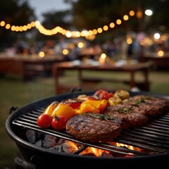 Grilling food outdoors with string lights in the background at dusk