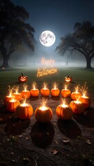 Mystical halloween night scene with glowing jack-o-lanterns and candles illuminated by a full moon creating a spooky and magical atmosphere for festive celebrations