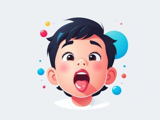 A surprised child with colorful bubbles around him