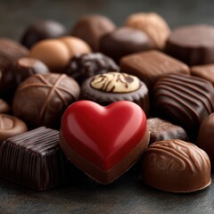 Assorted chocolate candies with a red heart shaped chocolate piece