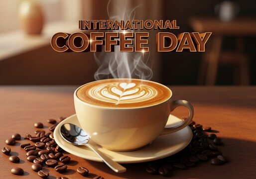 Steaming cup of coffee with latte art for international coffee day