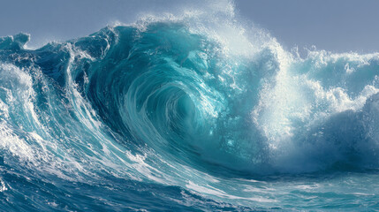 Powerful ocean waves with white foam cresting on a white background, panoramic banner format