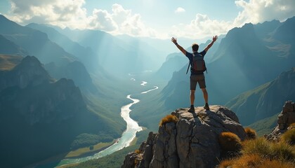 Man celebrates success on mountain summit arms raised. Hiker stands on rocky peak overlooking river valley. Confident adventurer enjoys freedom, achievement, scenic landscape view. Active lifestyle,