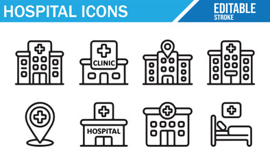 Outline icons for health care facilities, clinics, and patient beds