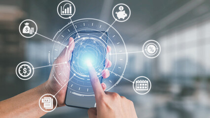 Fototapeta premium Accounting technology transforms how accounting income expense operates. With digital calculation cloud accounting, business adopt accounting technology to improve credit and debt accuracy. Spire
