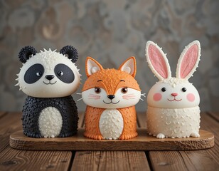 Obraz premium Three adorable animal-themed cakes, a panda, fox, and bunny, arranged on a wooden surface.