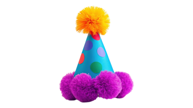 Festive Polka Dot Birthday Hat with Pompoms  isolated on a Transparent or white Background