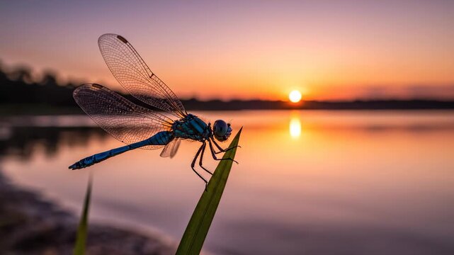 Dragonfly at Sunset on Lakeside Reed - A detailed closeup of a dragonfly perched on a blade of grass at the edge of a lake during a vibrant sunset.