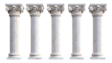Five Ancient Greek Columns  isolated on a Transparent or white Background