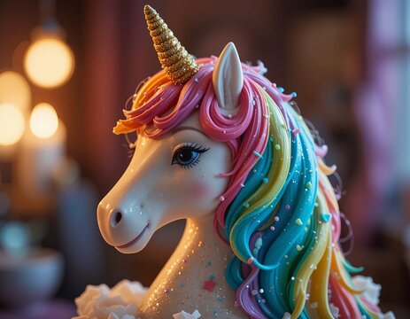 Whimsical unicorn cake with rainbow mane, perfect for celebrations and fantasy themes.