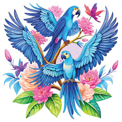 Fototapeta premium Two Blue Macaws Perched Among Pink and Peach Flowers and Green Leaves parrot hyacinth macaw