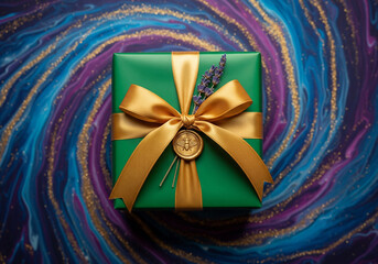 Elegant Gift Box with Golden Ribbon and Lavender on Artistic Background