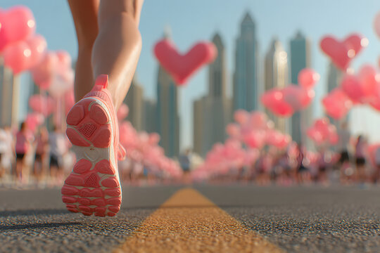 Close-up of a person wearing pink sneakers walking during a city event with pink balloons and a crowd, symbolizing unity, awareness, or a charity walk at sunset.
