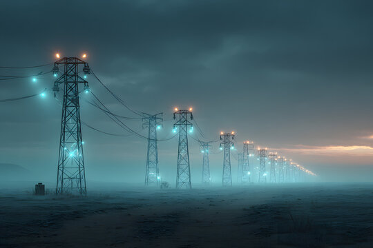 Long row of glowing power lines stretching into the distance at dusk in a foggy, desolate landscape, symbolizing energy, infrastructure, and technology.
- Powered by Adobe