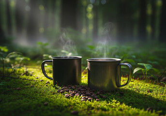 Steaming Coffee Mugs in Nature Forest with Coffee Beans on Moss