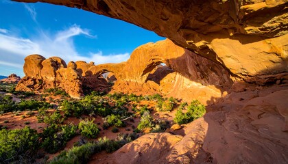 Dramatic sandstone arches under a vibrant sky
