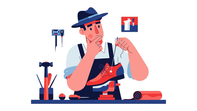 The Craftsman at Work: A skilled craftsman, wearing a hat and apron, thoughtfully examines and repairs a vibrant red shoe. A showcase of tools and dedication to artisanal craftmanship.