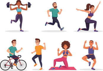Fitness activity illustration, people exercising, workout poses, gym training, running, cycling, yoga, healthy lifestyle, sports characters, active routine
