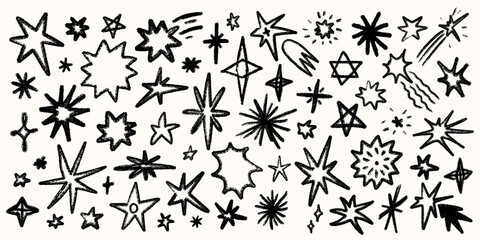 Chalk and rayon pencil Star set on light background brush pastel sketch. Chalk star elements with grain texture and pencil line. Perfect for posters, stickers, wallpaper, and fabric
