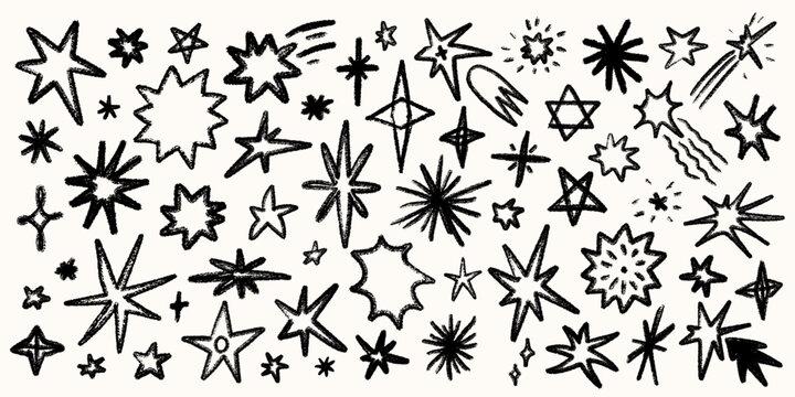 Chalk and rayon pencil Star set on light background brush pastel sketch. Chalk star elements with grain texture and pencil line. Perfect for posters, stickers, wallpaper, and fabric