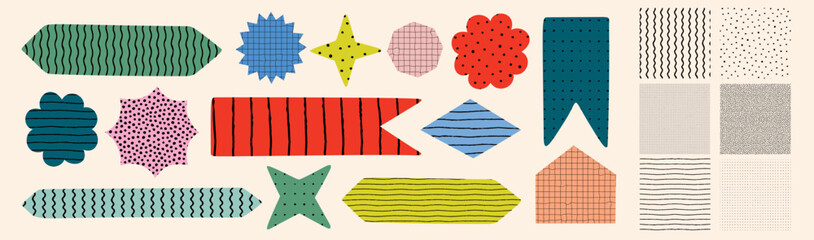 Pattern and shape vector set with colorful abstract forms like banners, stars, diamonds, flowers, and arrows. Crayon texture seamless patterns. Drag to swatches panel to use
