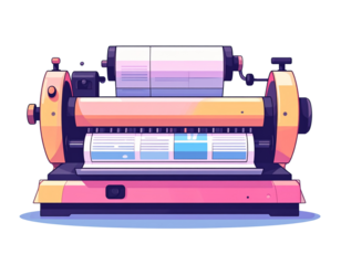 Press Machine with Flying Newspapers Cartoon Emblem
