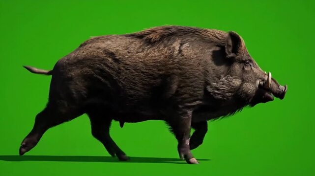 Menacing wild boar prowling against vibrant green screen backdrop green screens, chroma key 4k video