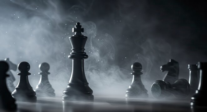 Matte black chess king emerging through cinematic fog with leading lines and a broad right-side headline zone, business strategy visual for leadership articles, consulting pitches, and growth playbook