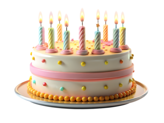 A festive birthday cake with colorful candles, isolated on transparent background