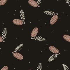 Seamless pattern with cartoon fir-cones, twigs, decoration elements. Forest, flat Scandinavian style. animal and nature theme. hand drawing. design for fabric, textile, wrapper, print