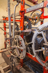BRATISLAVA, SLOVAKIA - OCTOBER 11, 2014: The detail of old clock-work from tower-clock on the St. Martins cathedral. Anyone parts of the machine are from year 1766 by master Jacob Halth.