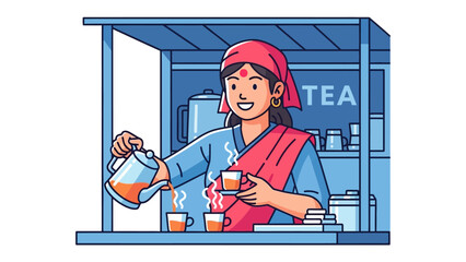 Tea Stall: A friendly woman, beaming with a welcoming smile, pours steaming tea from a kettle into cups at her charming tea stall.