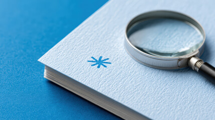 Magnifying glass asterisk footnote document paper blue analysis detail research compliance legal contract audit review study office desk closeup