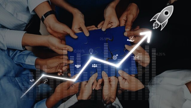 Diverse team members gather around a chart, collaborating to boost business growth through innovative strategies and data analysis, symbolized by upward trends. Raster