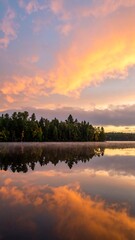 Obraz premium Calm lake at sunrise reflecting a vibrant sky