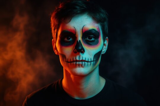 Young person with detailed skull face paint lit by moody red and blue lighting. Dramatic Halloween portrait with smoky, dark background.